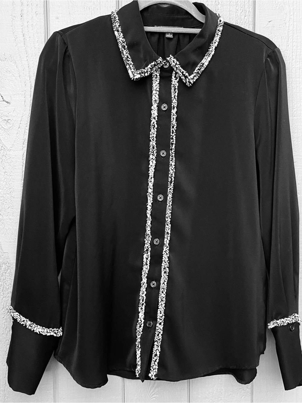 Adrianna Papell Black Button-Down Blouse with Cream Colored Trim